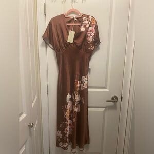 Joie Brown Floral Satin Wrap-Style Maxi Dress new with tag